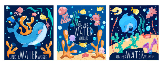 Set of underwater world posters. Colorful cards with inhabitants of ocean or sea. Banners with dolphin, fish, seahorse, algae and coral. Cartoon flat vector illustrations isolated on white background