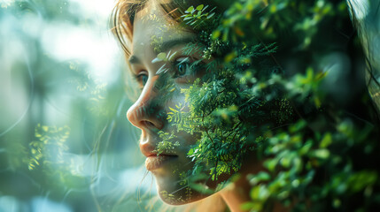 A woman and green forest creating a captivating double exposure. Concept of environment caring devotion, business sustainability and global warming protection. Generative AI.