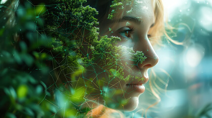 A woman and green forest creating a captivating double exposure. Concept of environment caring devotion, business sustainability and global warming protection. Generative AI.