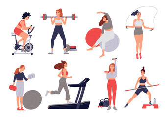 Fototapeta na wymiar Set of women in gym. Girls do physical exercises with dumbbells and running on treadmill. Workout, fitness, sports and active lifestyle. Cartoon flat vector illustrations isolated on white background