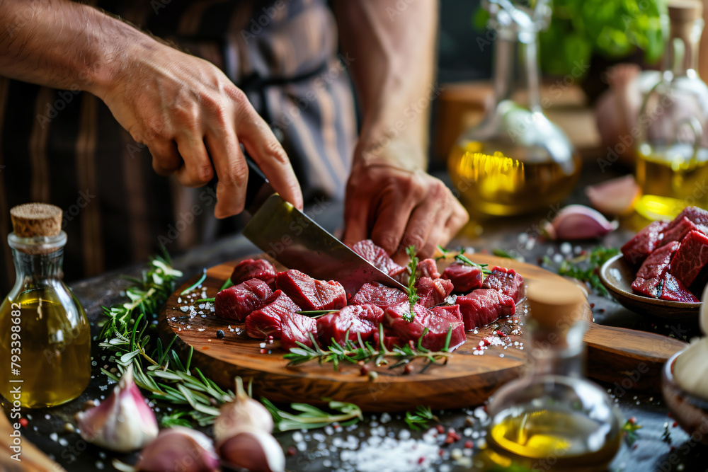 Wall mural Chef cutting raw beef meat. On a table meat with rosemary, garlic, salt, and pepper.