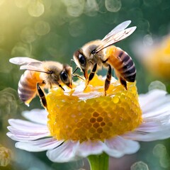 Cute bees take honey from jelly flowers
