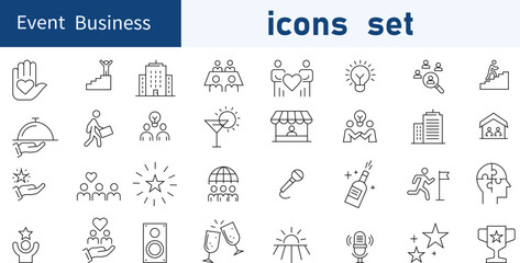Set of  Event Business web icons in line style. business, coaching, gift, vector. Vector illustration bundle . 