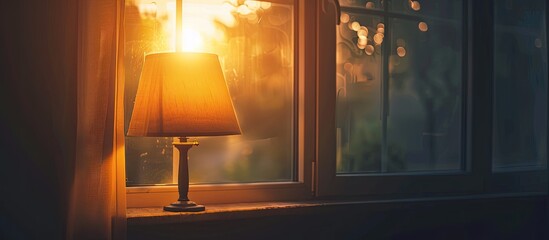 Lamp on wood sill by window, casting warm light in house