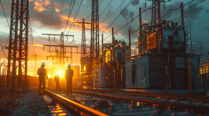 Industrial workers in hard hats stand by an electrical substation, overseeing operations as the sun sets. - Powered by Adobe
