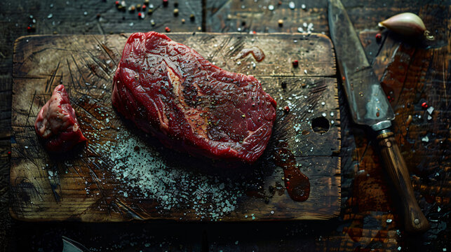 raw beef steaks on a dark rustic board with spices in dark wooden table