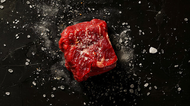 raw beef steaks on a dark rustic board with salt sprinkled all over the surface.