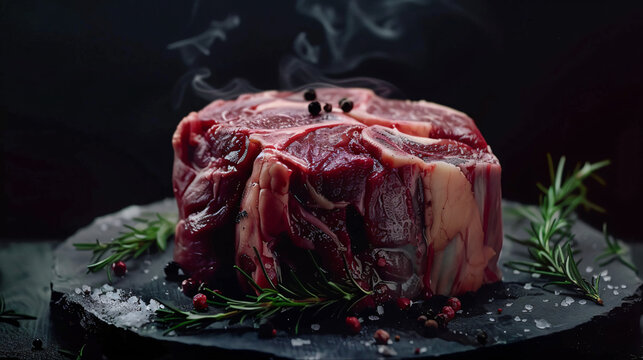 raw beef steaks on a dark rustic board with spices in dark wooden table