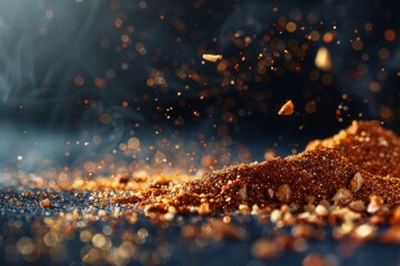 closeup of a flying dried spices on dark background