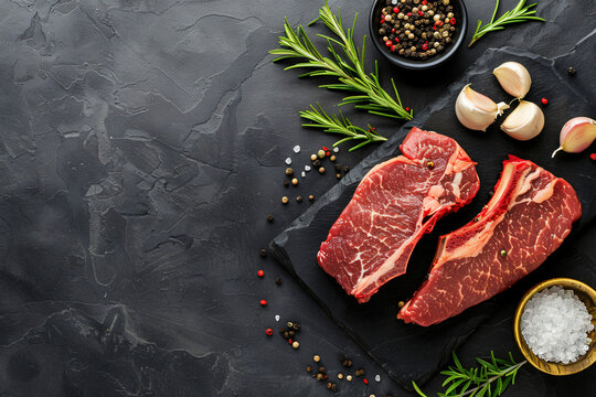 Raw organic marbled beef steaks with spices on a wooden cutting board on a black slate, stone or concrete background. Top view with copy space.
