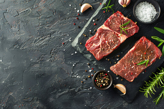 Raw organic marbled beef steaks with spices on a wooden cutting board on a black slate, stone or concrete background. Top view with copy space.