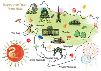 愛知県の観光地のイラストマップ年賀状2025年