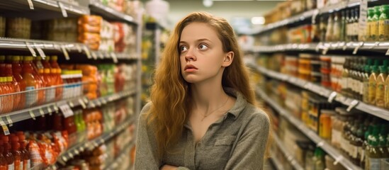 woman is choosing products in the grocery store to buy
