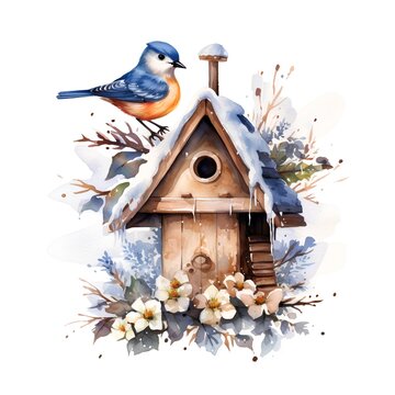 recommend clip art: Watercolor birdhouse with winter flowers. Hand painted illustration isolated on white background