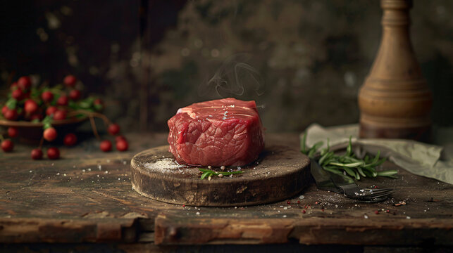 raw beef steaks on a dark rustic board with spices in dark wooden table