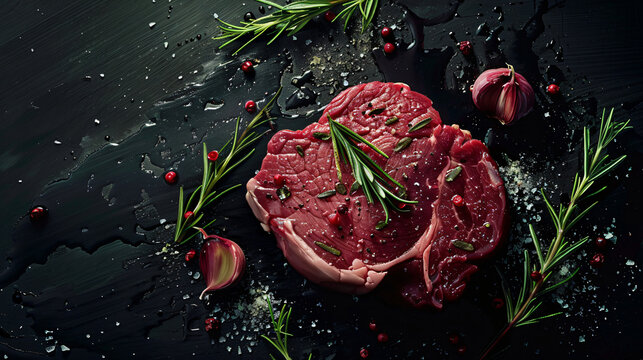 raw beef steaks on a dark rustic board with spices on a stone background