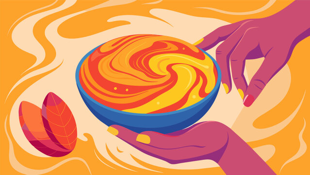 An artists hands stained with vibrant hues of turmeric and beetroot work delicately to create a batch of beautifully marbled soap..