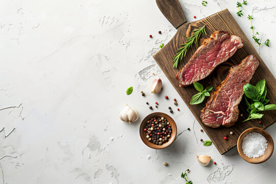 medium rare steak on the old wooden cutting board, ready to cook, marble background, top view, copy space