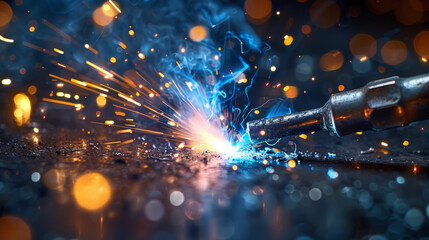 Close-up of welding torch with vibrant sparks and blue smoke, depicting industrial work. - Powered by Adobe
