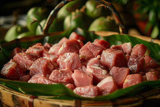 Close up of raw meat in a bamboo basket.