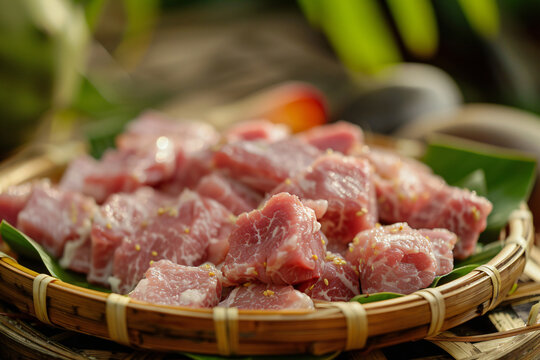 Close up of raw meat in a bamboo basket.
