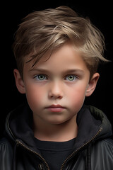 A beautiful young boy with green eyes and blond hair, wearing a black blouse and black jacket with a hood, against a black background.