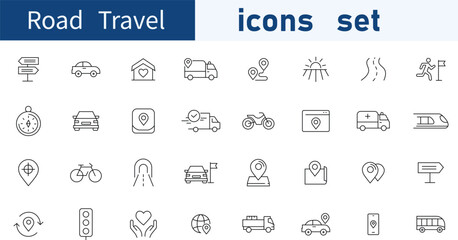 Set of Road Travel web icons in line style. Address, transport , car, walking. Vector illustration bundle. 