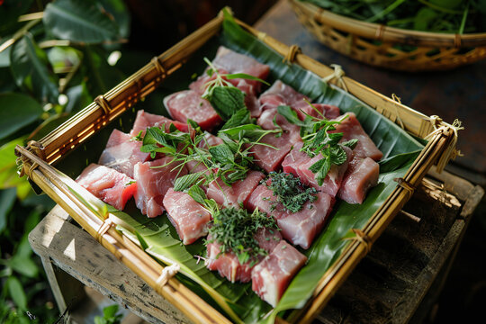 Close up of raw meat in a bamboo basket.
