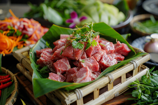 Close up of raw meat in a bamboo basket.