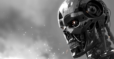 Fondo gris con cara de robot maligno, hojos rojos. Generado con tecnolog&iacute;a IA