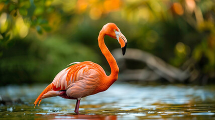 flamingo standing in water with beautiful background 