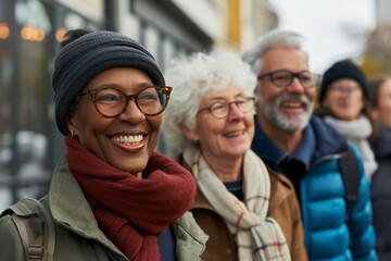 Portrait of smiling senior woman in eyeglasses with friends on background