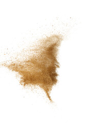 Sand Storm desert with wind blow spin swirl around. Golden Yellow sand tornado storm with high wind. Fine Sand circle around, White background Isolated throwing particle element object © Jade