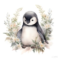 Naklejka premium Cute penguin with flowers. Watercolor illustration isolated on white background.