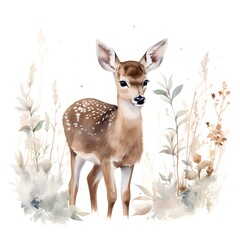 Beautiful watercolor illustration with a cute deer on a white background