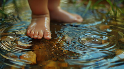 baby toes in water - obrazy, fototapety, plakaty