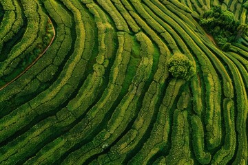 Aerial drone view of shapes of Cha Gorreana tea plantation at Sao Miguel, Azores, Portugal - generative ai