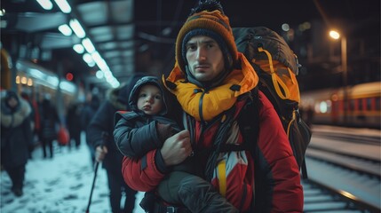 A weary traveler holds a child at a snowy train station, surrounded by a quiet, nighttime ambiance and a sense of urgency.