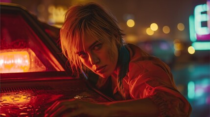 A woman with a fierce expression leans against a car at night, illuminated by neon lights, creating a moody, cinematic atmosphere.