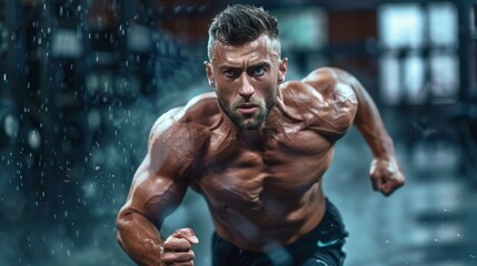 Fototapeta premium muscular sportsman, with determined look, running while exercising generative ai