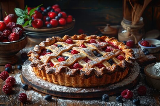 rustic homemade berry lattice pie on wooden table with baking ingredients