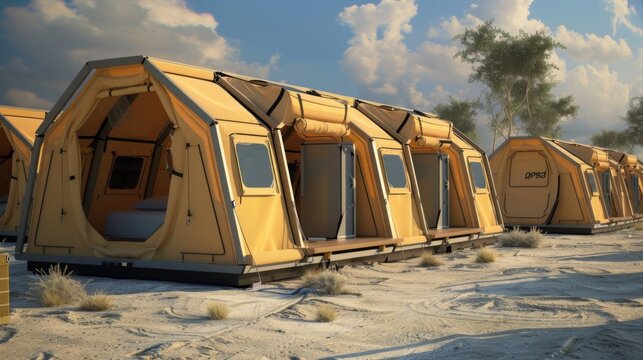 Row of Yellow Tents on Sandy Beach