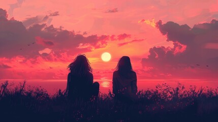 Two women in love, sitting in front of a rose-coloured sunrise, their souls leave their bodies to join the sky.