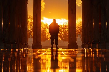 memorial day, silhouette of a contemplative soldier at sunset with reflective marble columns - obrazy, fototapety, plakaty