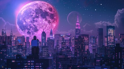 Virtual cityscape with beautiful lights Big moon lofi style