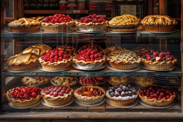 variety of fresh baked fruit pies displayed in a bakery window - obrazy, fototapety, plakaty
