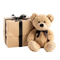 A gift box and a cuddly teddy bear set against a transparent background beautifully isolated