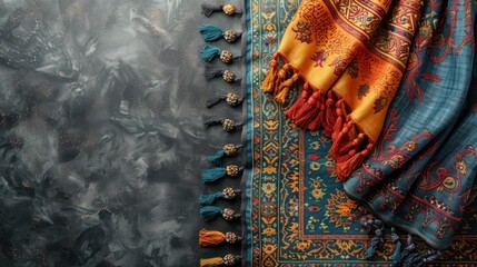traditional eastern fabrics and beads on a dark artistic background, with copy space for text - obrazy, fototapety, plakaty