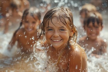 Obraz premium smiling girl enjoying water play with friends on a sunny day