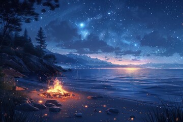 enchanting starlit beach with bonfire, calm water, and mountain silhouette